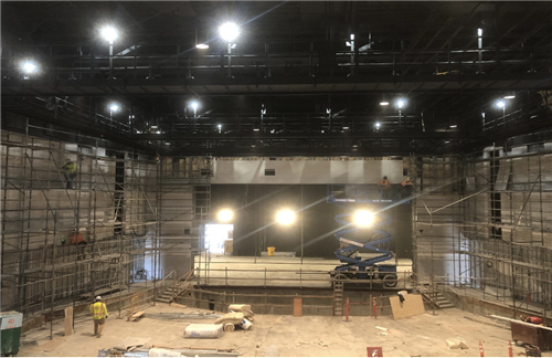 JAMS PAC looking towards stage with scaffolding. 